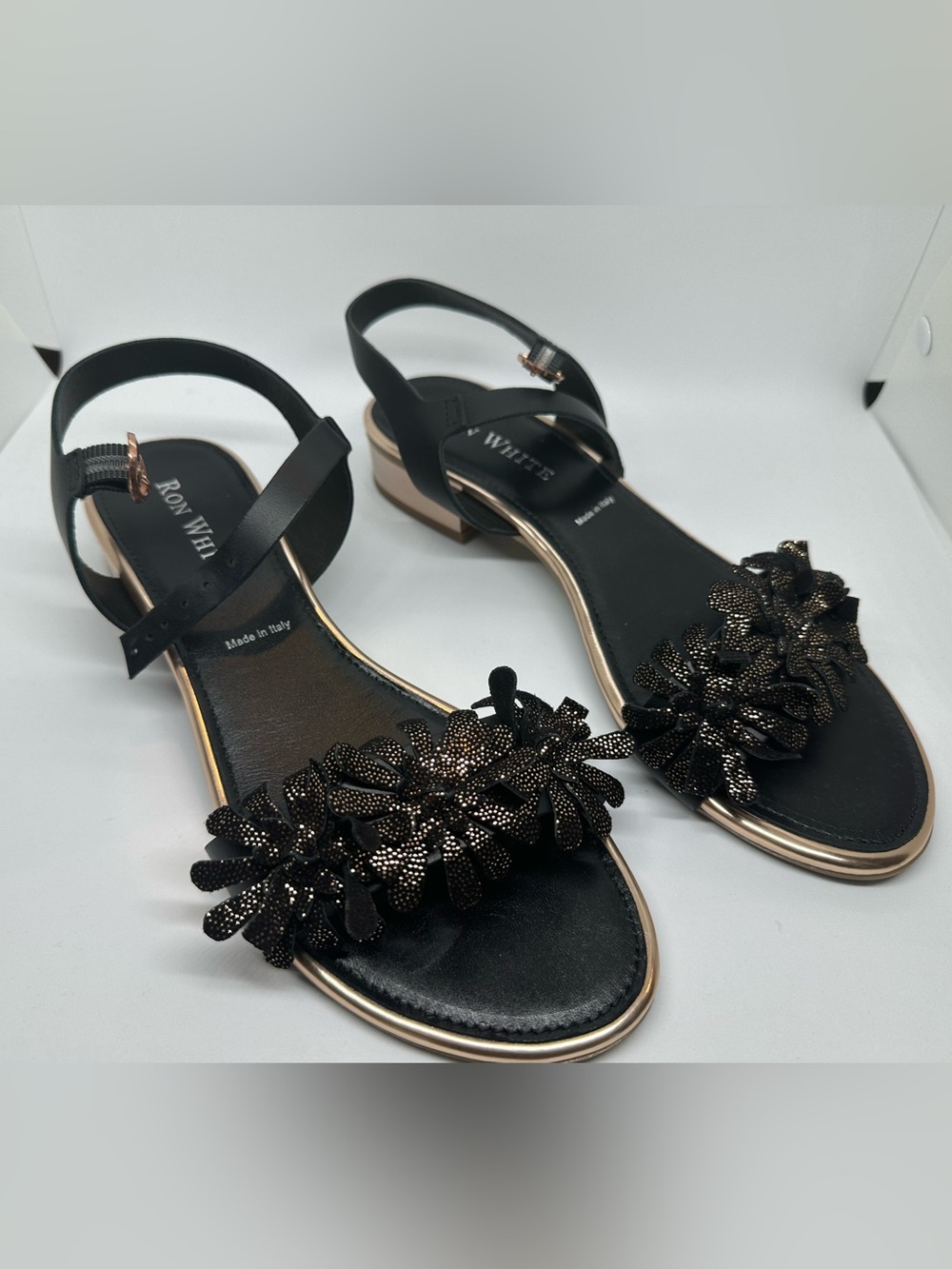 Ron White Virginia Black Rose Gold Calf Leather Floral Sandals Italy 9.5 /40 NIB